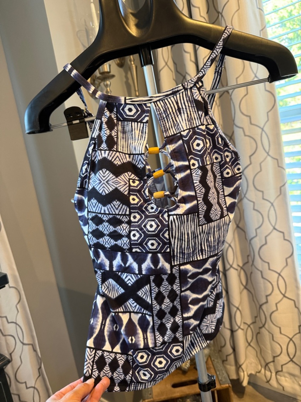Blue & White Patterned Halter Tank with Decorative Buttons